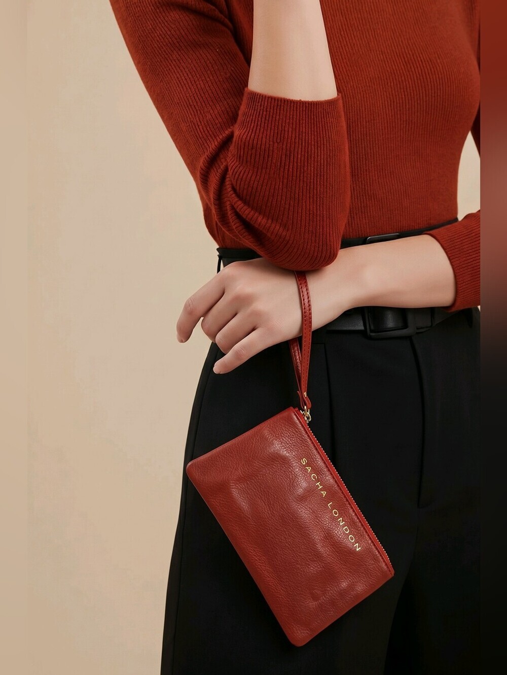 NEW SACHA LONDON Brick Red Leather Wristlet Pouch with Gold Logo